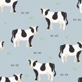 Seamless vector pattern with cute cartoon cows. Good for package, wrapping design for natural product. Farm animal Royalty Free Stock Photo