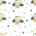 Seamless vector pattern. Cute bear sleeping on a cloud and holding a star. Moon and stars Royalty Free Stock Photo