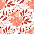 Seamless vector pattern with cute bird and flowers. Hand drawn illustration. Floral background in peach fuzz palette Royalty Free Stock Photo