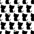 Seamless vector pattern with cute black cat silhouettes on black background. Monochrome kids design. Kitten with flowers