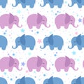 Seamless vector pattern with cute blue and pink elephants white background. Design for print, fabric, card, baby shower Royalty Free Stock Photo