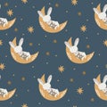Seamless vector pattern. Cute bunny, rabbit sleeping on the moon. Royalty Free Stock Photo