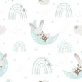 Seamless vector pattern. Cute bunny, rabbit sleeping on the moon. Night sky and stars Royalty Free Stock Photo