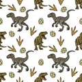 Seamless vector pattern of cute cartoon dinosaurs, eggs, and footprints on white background Royalty Free Stock Photo