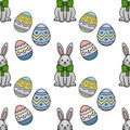 Seamless vector pattern of cute cartoon Easter bunnies with green bows and colorful decorated eggs on a white background Royalty Free Stock Photo