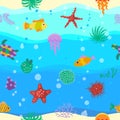 Seamless vector pattern with cute cartoon fish in waves