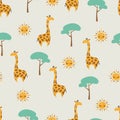 Seamless vector pattern with cute cartoon giraffe, tree and sun.