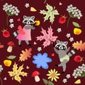 Seamless vector pattern with cute cartoon raccoons, flowers, raspberries, mushrooms, leaves, apples and puddle. Royalty Free Stock Photo