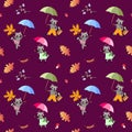 Seamless vector pattern with cute cartoon raccoons with umbrellas Royalty Free Stock Photo