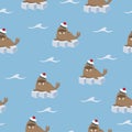 Seamless vector pattern with cute cartoon sailor walrus on ice.