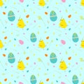 Seamless vector pattern with cute chick, decorated eggs and sprigs of flowers. Royalty Free Stock Photo