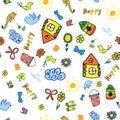 Seamless vector pattern with cute childish hand drawn house, sun, cloud, flowers, birds.