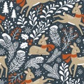 Seamless vector pattern with cute Christmas deer, pine trees, berries and snowflakes on dark grey background.