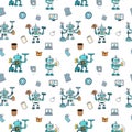 Seamless vector pattern with cute cleaning robots and household items on white background. Royalty Free Stock Photo