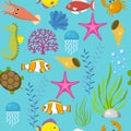 Seamless vector pattern with cute decorative fishes illustration. Funny multicolor background, marine texture underwater