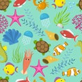 Seamless vector pattern with cute decorative fishes illustration. Funny multicolor background, marine texture underwater