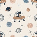 Seamless Vector Pattern with Cute Dino in Spaceships Royalty Free Stock Photo