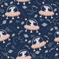 Seamless Vector Pattern with Cute Dino in Spaceships Royalty Free Stock Photo