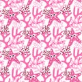 Seamless vector pattern with cute eyed starfish and pink coral. Children's marine illustration. Summer hand-drawn