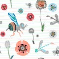 Seamless vector pattern with cute hand drawn bee, dragonfly and