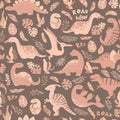 Seamless vector pattern with cute hand drawn cartoon dinosaurs, leaves and branches isolated on brown background. Boho