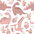 Seamless vector pattern with cute hand drawn cartoon dinosaurs, leaves and branches isolated on white background. Boho