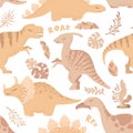 Seamless vector pattern with cute hand drawn cartoon dinosaurs, leaves and branches isolated on white background. Boho