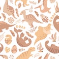 Seamless vector pattern with cute hand drawn cartoon dinosaurs, leaves and branches isolated on white background. Boho