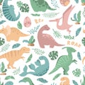 Seamless vector pattern with cute hand drawn cartoon dinosaurs, leaves and branches isolated on white background. Illustration for Royalty Free Stock Photo
