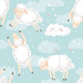 Seamless vector pattern with cute hand drawn cartoon sheeps, clouds and stars isolated on blue green background. Design for print Royalty Free Stock Photo