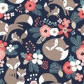 Seamless vector pattern with cute hand drawn fox family and flowers on dark blue background. Royalty Free Stock Photo