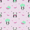 Seamless vector pattern with cute kawaii panda bears and watermelons on nice pink background