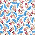 Seamless vector pattern with cute little bear skydiver, Design concept for kids textile print, nursery wallpaper, wrapping paper. Royalty Free Stock Photo
