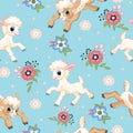 Seamless vector pattern cute little lambs and flowers