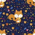 Seamless vector pattern of cute little squirrel and autumn leaves Royalty Free Stock Photo