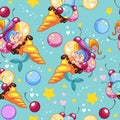 Seamless vector pattern cute mermaid in ice cream cone