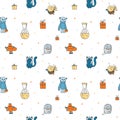 Seamless vector pattern with cute monsters and Halloween characters. Royalty Free Stock Photo