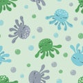 Seamless vector pattern with cute octopus and bubbles, blue, green. Textile, scrapbook, fabric