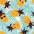 Seamless vector pattern cute pineapples with cat faces on teal blue palm leaves, textile, scrapbook