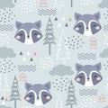 Seamless Vector Pattern with Cute Raccoon, forest elements and hand drawn shapes