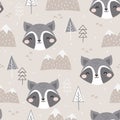 Seamless Vector Pattern with Cute Raccoon, forest elements and snowy mountains