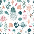 Seamless vector pattern. Cute sea plants, starfish, seashells, jellyfish. Royalty Free Stock Photo