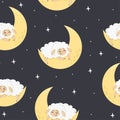 Cute sheep sleeping on the moon, stars. Pattern for baby products Royalty Free Stock Photo