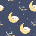 Seamless vector pattern. Cute sheep sleeping on the moon Royalty Free Stock Photo