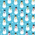 Seamless vector pattern with cute snowmen with colorful scarf and hat on blue Background. EPS 10 Royalty Free Stock Photo