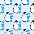 Seamless vector pattern with Cute sport Penguin With Blue Snowboard on snowy mountains winter background