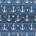 Seamless vector pattern with cute white anchor on marine sea background. Design for print, fabric, wallpaper, card, baby shower Royalty Free Stock Photo