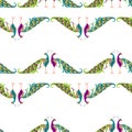 Seamless vector pattern of decorative colorful cartoon peacocks in rows Royalty Free Stock Photo