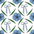 Seamless vector pattern of delicate blue flax flowers and green leaves with charming light blue bows on a white background Royalty Free Stock Photo