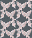 Seamless vector pattern with delicate fantasy birds. Ornithological texture in pastel colors on gray background. Tender background